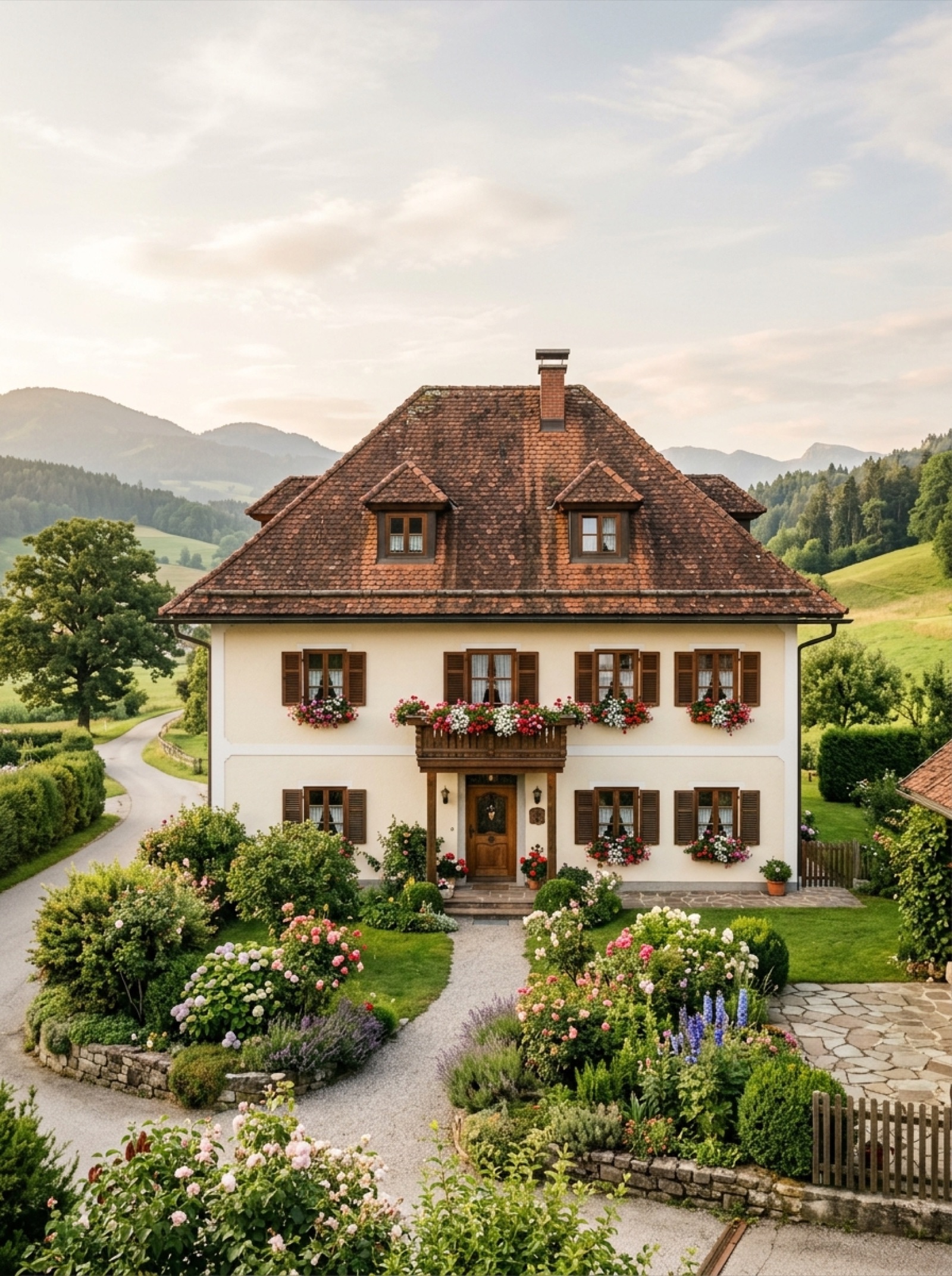 Klassisches österreichisches Landhaus im warmen Abendlicht